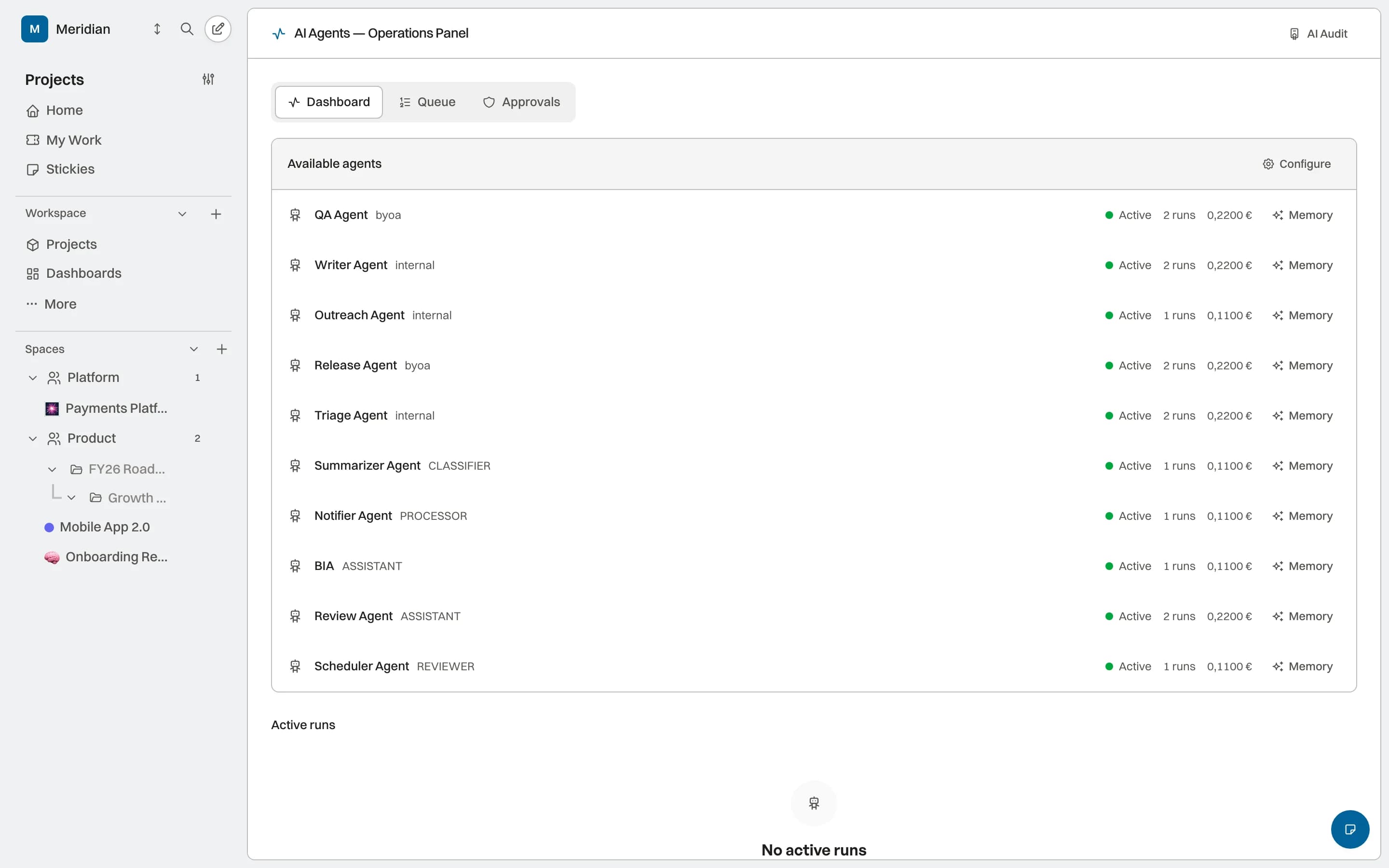 BIK Labs agents panel — named agents with roles, task queues, and execution state